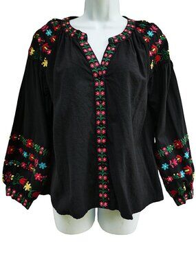 Velzera Colorful Floral Embroidered Black Cotton Peasant Blouse Ethnic Hungarian